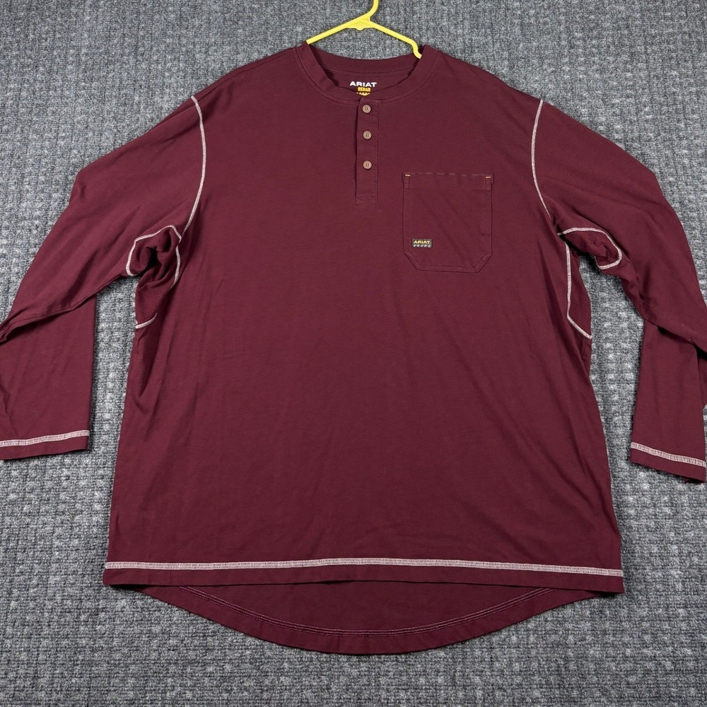 Ariat Rebar Henley Long Sleeve Work Shirt Pocket Contrast Stitch XXL Burgundy